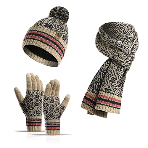 INSISMY Mütze Schal Handschuh Set Winter Weich Warm Pelzgefütterte Bommelmütze Langer Schal und Touchscreen Handschuhe Set 3-teiliges Retro Schneeflockenmuster Gestrickte Damen Unisex Khaki von INSISMY