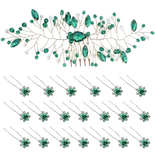 20 Stück Haarnadeln mit Rosenblüten und 1 Stück smaragdgrüner Haarkamm für die Hochzeit, Haarschmuck für die Braut für Frauen und Mädchen, Geschenk für die Abschlussball-Brautjungfernparty von INSPUTOL