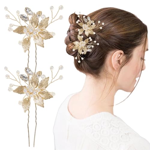 Braut-Haarnadeln mit Kristallperlen, Vintage-Blatt-Hochzeitskopfschmuck für Frauen und Mädchen, 2 Haarspangen (Gold) von INSPUTOL