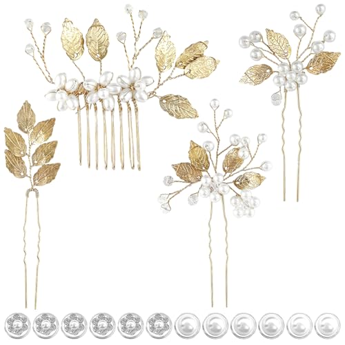 Braut-Haarschmuck-Set: Hochzeits-Haarnadeln und Perlen-Twist-Clips, Blumen-Haarteile für Braut und Brautjungfern, 16-teilig (Silber & Gold) von INSPUTOL