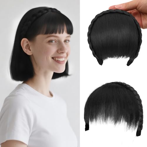 Haarreif mit Pony für Damen, Synthetische geflochtene Haarverlängerungen mit Pony – Naturschwarz von INSPUTOL