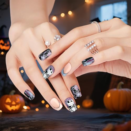 Halloween Kunstnägel, Spukhafte kurze quadratische Press-on-Nägel 24 Stück mit Kleber, einzigartiges Design für Damen und Mädchen (W801) von INSPUTOL