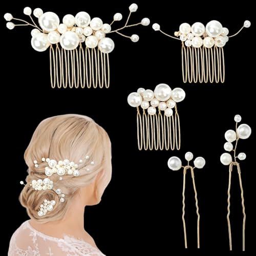 Hochzeits-Haarnadeln, 5er-Set, goldene U-förmige Haarspangen mit Perlen für Bräute und Frauen von INSPUTOL