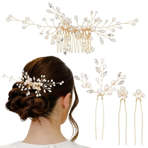 Hochzeits-Haarschmuck – 4 Stück Braut-Haarkamm und U-förmige Haarnadeln mit Kristallperlen für Frauen und Mädchen, Gold von INSPUTOL