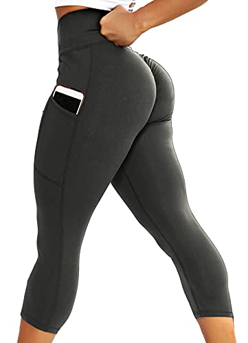 INSTINNCT Damen Doppeltaschen Sport Leggings 3/4 Yogahose Sporthose Laufhose Training Tights mit Handytasche Capris(Gerafftes Design) - Dunkelgrau-1 L von INSTINNCT