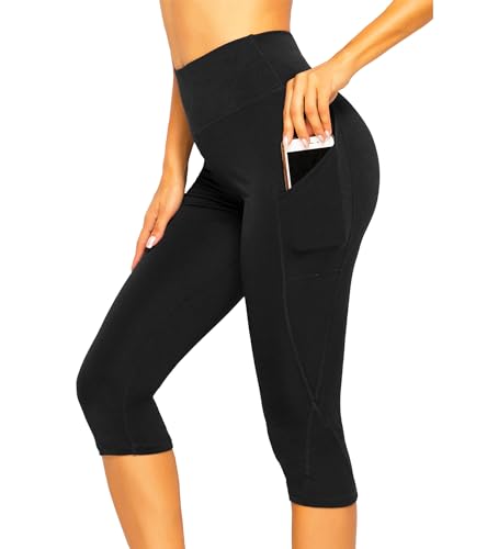 INSTINNCT Damen Doppeltaschen Sport Leggings 3/4 Yogahose Sporthose Laufhose Training Tights mit Handytasche Capris(normal) - Schwarz-1 L von INSTINNCT