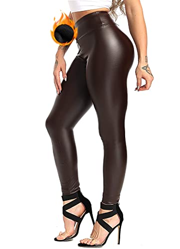 INSTINNCT Damen Kunstleder High Waist Leggings Skinny PU Leder Hose Leder-Optik Strumpfhosen Treggings Braun (Dünner Flaum) L von INSTINNCT