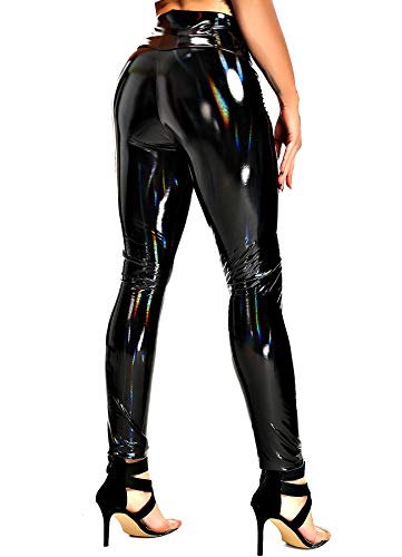 INSTINNCT Damen Kunstleder High Waist Leggings Skinny PU Leder Hose Leder-Optik Strumpfhosen Treggings Glänzendes Schwarz (Laser) 3XL von INSTINNCT