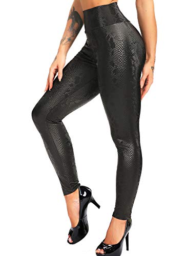 INSTINNCT Damen Kunstleder High Waist Leggings Skinny PU Leder Hose Leder-Optik Strumpfhosen Treggings Glänzendes Schwarz (Schlangenhautuster) XL von INSTINNCT