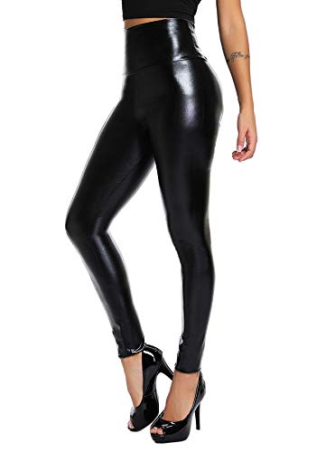 INSTINNCT Damen Kunstleder High Waist Leggings Skinny PU Leder Hose Leder-Optik Strumpfhosen Treggings Schwarz (Glänzed) L von INSTINNCT