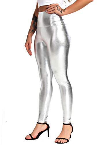 INSTINNCT Damen Kunstleder High Waist Leggings Skinny PU Leder Hose Leder-Optik Strumpfhosen Treggings Silber-1 M von INSTINNCT