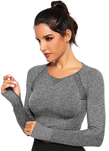 INSTINNCT Damen Nahtlos Longsleeve Laufshirt Sport Langarm Oberteil mit Daumenloch Grau-2 M von INSTINNCT