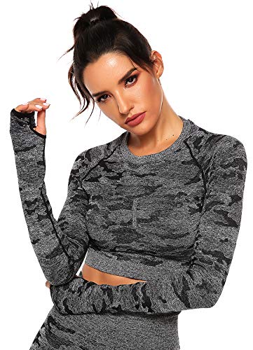 INSTINNCT Damen Nahtlos Longsleeve Laufshirt Sport Langarm Oberteil mit Daumenloch Schwarzes Tarnmuster M von INSTINNCT