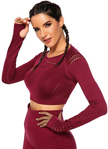 INSTINNCT Damen Nahtlos Longsleeve Laufshirt Sport Langarm Oberteil mit Daumenloch Weinrot-1 S von INSTINNCT