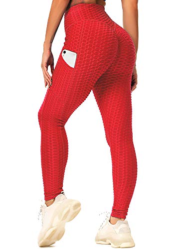 INSTINNCT Damen Slim Fit Hohe Taille Sportshort Lange Leggings mit Bauchkontrolle Booty Stil mit Taschen - Rot L von INSTINNCT