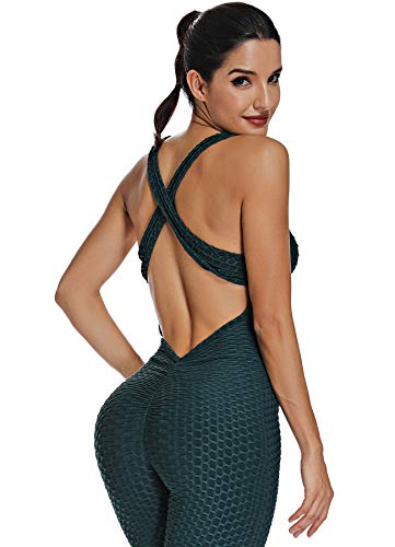 INSTINNCT Damen Sport Rückenfrei Jumpsuit Yoga Bodysuit Overall Leggings Sporthosen Bandage Playsuits Jogging Strampler Hosenanzug Trainingsanzug #1 Grün XL von INSTINNCT