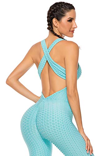 INSTINNCT Damen Sport Rückenfrei Jumpsuit Yoga Bodysuit Overall Leggings Sporthosen Bandage Playsuits Jogging Strampler Hosenanzug Trainingsanzug #1 Hellblau XL von INSTINNCT