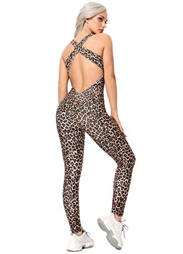 INSTINNCT Damen Sport Rückenfrei Jumpsuit Yoga Bodysuit Overall Leggings Sporthosen Bandage Playsuits Jogging Strampler Hosenanzug Trainingsanzug #1 Leopard-Optik L von INSTINNCT