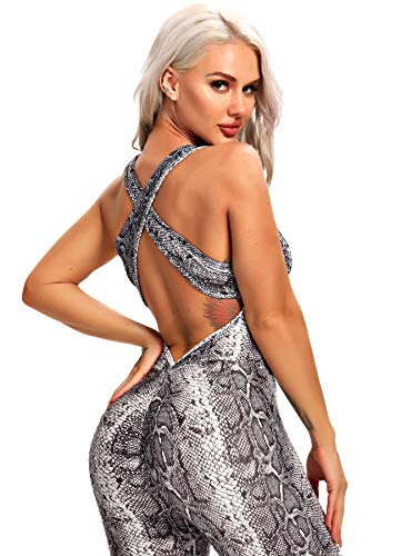 INSTINNCT Damen Sport Rückenfrei Jumpsuit Yoga Bodysuit Overall Leggings Sporthosen Bandage Playsuits Jogging Strampler Hosenanzug Trainingsanzug #1 Schlangenhaut-Optik L von INSTINNCT