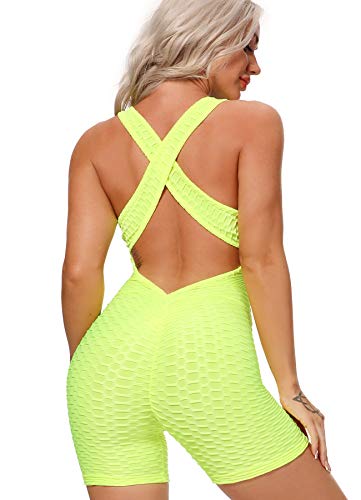 INSTINNCT Damen Sport Rückenfrei Jumpsuit Yoga Bodysuit Overall Leggings Sporthosen Bandage Playsuits Jogging Strampler Hosenanzug Trainingsanzug Neon-Gelb L von INSTINNCT