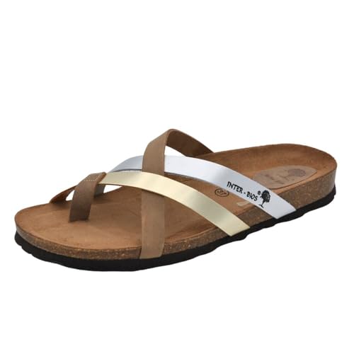 INTER-BIOS Flache Sandalen für Damen, Bio-Pflanze, Clog, Kork-Gummisohle, Modell: 7113, Farbe: Beige/Silber/Silber, Beige Platin Silber, 38 EU von INTER-BIOS