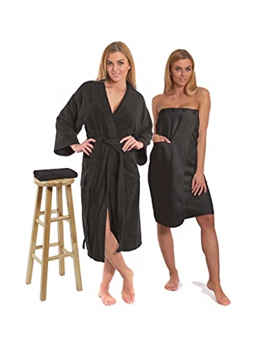 Interkontakt SET - Damen Bademantel - Model Kimono + Saunakilt + Handtuch/Black Chocolate/XL von Interkontakt