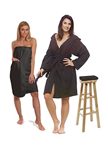 Interkontakt SET - L - Bademantel Damen Frottee mit Kapuze + Saunakilt Damen + Handtuch - 100% Baumwolle OEKO-TEX® Zertifiziert - Verfügbare Größen (S, M, L, XL, XXL) - Farbe - Black Chocolate von Interkontakt