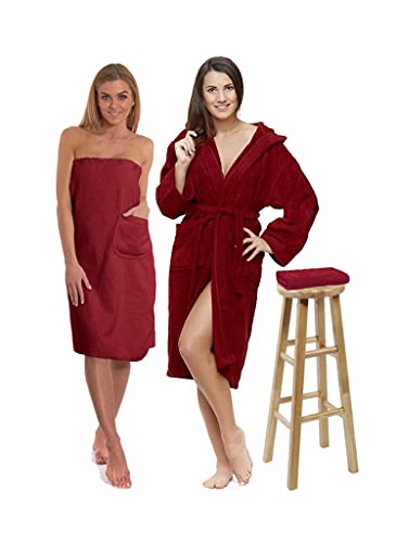 Interkontakt SET - L - Bademantel Damen Frottee mit Kapuze + Saunakilt Damen + Handtuch - 100% Baumwolle OEKO-TEX® Zertifiziert - Verfügbare Größen (S, M, L, XL, XXL) - Farbe - Rot von Interkontakt