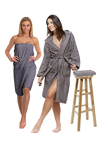 Interkontakt SET - S - Bademantel Damen Frottee mit Kapuze + Saunakilt Damen + Handtuch - 100% Baumwolle OEKO-TEX® Zertifiziert - Verfügbare Größen (S, M, L, XL, XXL) - Farbe - Grau von Interkontakt