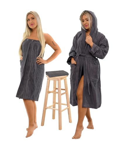 Interkontakt SET - S - Bademantel Damen Frottee mit Kapuze + Saunakilt Damen + Handtuch - 100% Baumwolle OEKO-TEX® Zertifiziert - Verfügbare Größen (S, M, L, XL, XXL) - Farbe - Grau von Interkontakt