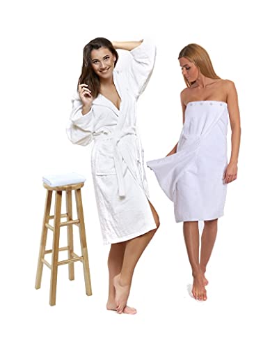 Interkontakt SET - S - Bademantel Damen Frottee mit Kapuze + Saunakilt Damen + Handtuch - 100% Baumwolle OEKO-TEX® Zertifiziert - Verfügbare Größen (S, M, L, XL, XXL) - Farbe - Weiß von Interkontakt