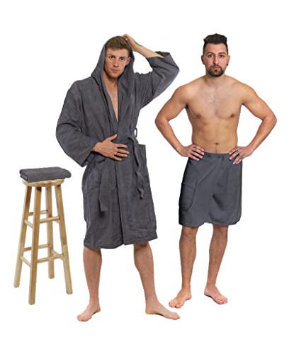 Interkontakt SET - S - Bademantel Herren Frottee mit Kapuze + Saunakilt Herren + Handtuch - 100% Baumwolle OEKO-TEX® Zertifiziert - Verfügbare Größen (S, M, L, XL, XXL) - Bademantel Set - Grau von Interkontakt