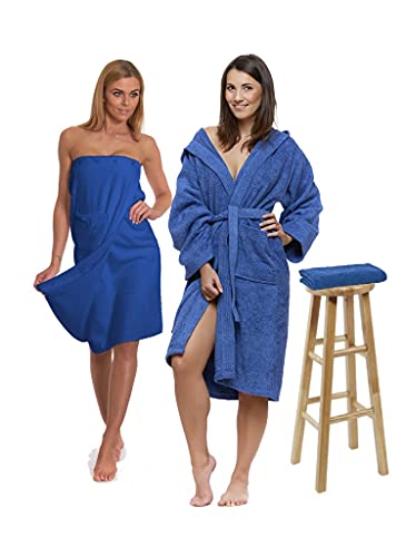 Interkontakt SET - XL - Bademantel Damen Frottee mit Kapuze + Saunakilt Damen + Handtuch - 100% Baumwolle OEKO-TEX® Zertifiziert - Verfügbare Größen (S, M, L, XL, XXL) - Farbe - Navy von Interkontakt