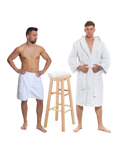 Interkontakt SET - XL - Bademantel Herren Frottee mit Kapuze + Saunakilt Herren + Handtuch - 100% Baumwolle OEKO-TEX® Zertifiziert - Verfügbare Größen (S, M, L, XL, XXL) - Bademantel Set - Weiß von Interkontakt