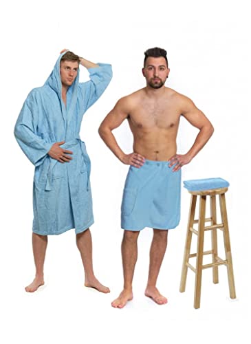 Interkontakt SET - XXL - Bademantel Herren Frottee mit Kapuze + Saunakilt Herren + Handtuch - 100% Baumwolle OEKO-TEX® Zertifiziert - Verfügbare Größen (S, M, L, XL, XXL) - Bademantel Set - Hellblau von Interkontakt