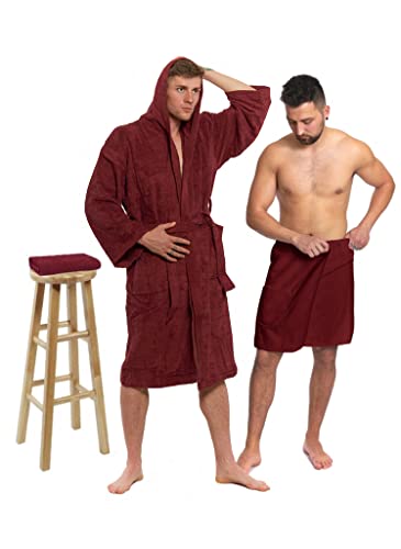 Interkontakt SET - XXL - Bademantel Herren Frottee mit Kapuze + Saunakilt Herren + Handtuch - 100% Baumwolle OEKO-TEX® Zertifiziert - Verfügbare Größen (S, M, L, XL, XXL) - Bademantel Set - Rot von Interkontakt