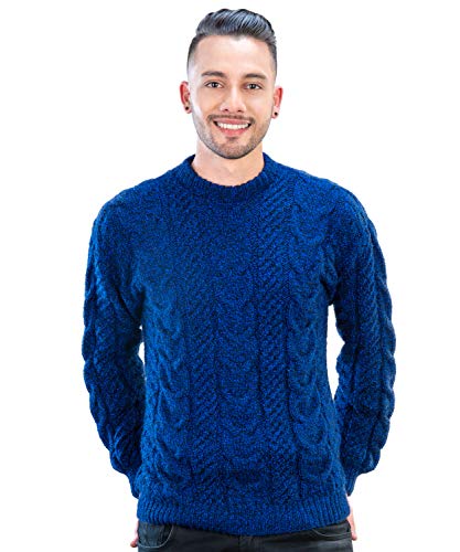 INTI ALPACA Alpaka Pullover - Irischer Herren Pullover mit Aran Zopfmuster aus alpaka Wolle -Rundhalskragen Strickpullover - Handgestrickter - Blau Melange (X-Large) von INTI ALPACA