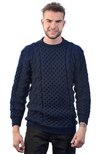 INTI ALPACA Irischer Herren Pullover im Aran Muster aus Navy alpaka Wolle -Pullover mit Rundhalsausschnitt aus Alpaka Wolle für Herren- Handgestrickter - Blau (X-Large) von INTI ALPACA