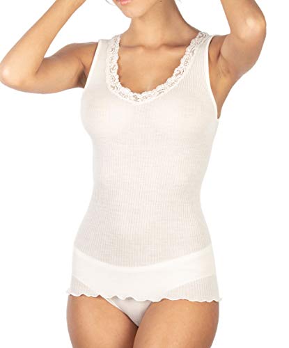 INTIMO 2D Tanktop für Damen, Wolle und Seide, gerippt, breite Schulter und Spitze, Weiß, Small von INTIMO 2D