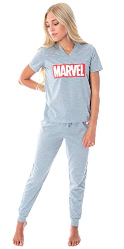 Marvel Comics Damen Pyjama-Set mit V-Ausschnitt und Jogginghose, Zweiteiliges Pyjama-Set, grau meliert, Large von INTIMO