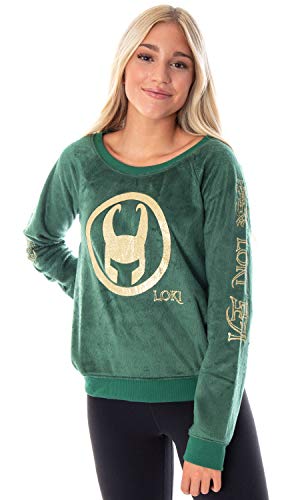 Marvel Comics Women's Loki Helmet Golden Glitter Foil Print Fleece Long Sleeve Pajama Sleep Shirt Top (LG) von INTIMO