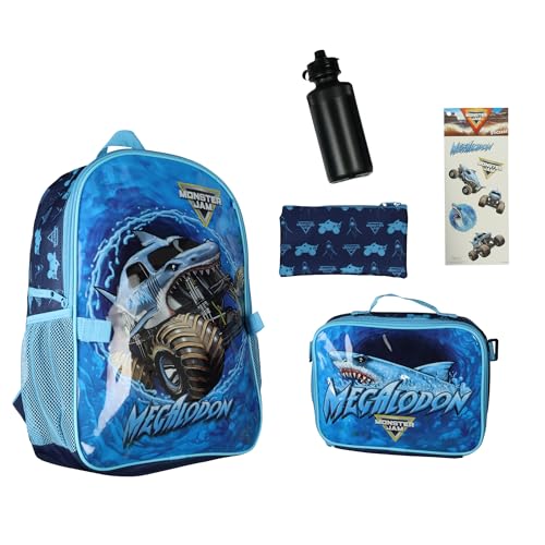 Monster Jam Megalodon 5-teiliges Rucksack Mega Set mit abnehmbarer Lunchbox Wasserflasche Federmäppchen und Aufkleber-Set von INTIMO
