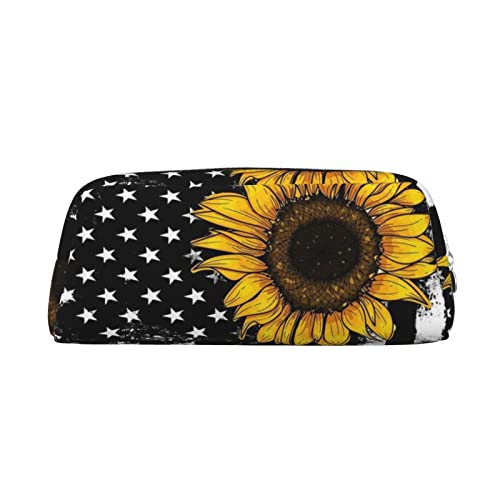 INVEES Federmäppchen mit Sonnenblume und amerikanischer Flagge, Leder, mit Reißverschluss, mit Schaumstoffpolsterung, für Schule, Büro und Reisen, silber, Einheitsgröße, Taschen-Organizer von INVEES
