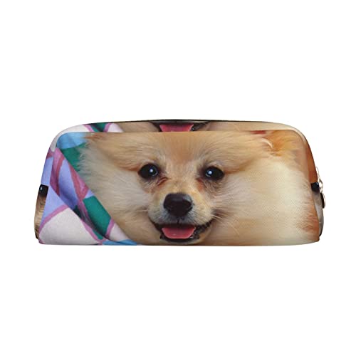 INVEES Kurzhaariges Pomeranian Stylish Leder Reißverschluss Federmäppchen mit Dämpfung Schaumstoff für Schule, Büro und Reisen, gold, Einheitsgröße, Taschen-Organizer von INVEES