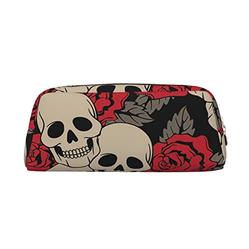 INVEES Schwarzer Totenkopf mit Rosen, stilvolles Leder-Federmäppchen mit Reißverschluss, mit Schaumstoffpolsterung, für Schule, Büro und Reisen, gold, Einheitsgröße, Taschen-Organizer von INVEES