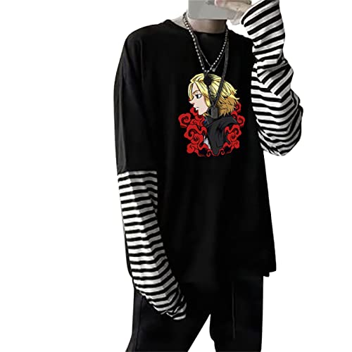 INVIMS Harajuku Japanischer Anime Mikey Bedrucktes Langarm T-Shirt Oversized Streetwear Fake Two Tops von INVIMS