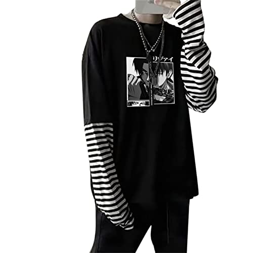 XUNGHO Anime Levi Ackerman Langarm T-Shirt Harajuku Gedruckt Oversized Fake Two T-Shirts mit gestreiften Ärmeln von INVIMS