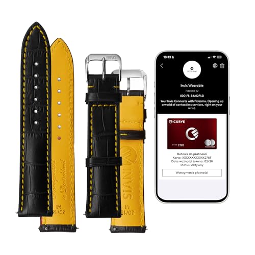 INVIS Smartstrap KYIV Schwarz und Gelb 20 mm – Uhrenarmband mit NFC-Kontaktloszahlung | Kalbsleder | Krokodilprägung | Zertifiziert von Mastercard & Visa | Länge: 114/82 mm von INVIS