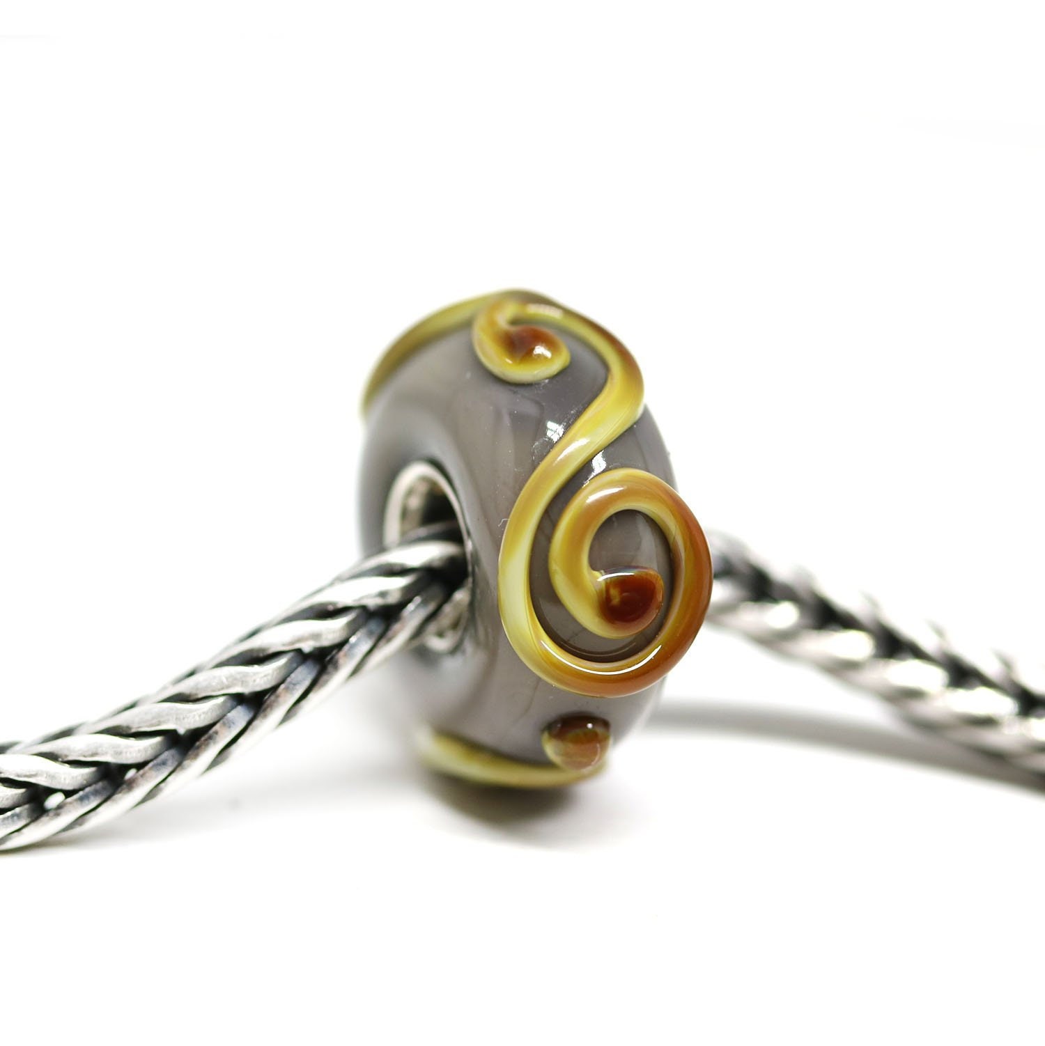 Lampwork Glas Charm Bead Braun Gelb Wirbel, Sterling Silberkern Lampwork Glas Charm Bead Braun Gelb Wirbel, Sterling Silberkern von INVSea