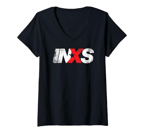 Damen INXS – Distressed Logo On Black T-Shirt mit V-Ausschnitt von INXS